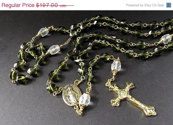 SUMMER SALE - Crystal Rosary in Forest Green, Frosted Snow and Gold. Traditional Rosary. Handmade Rosary.