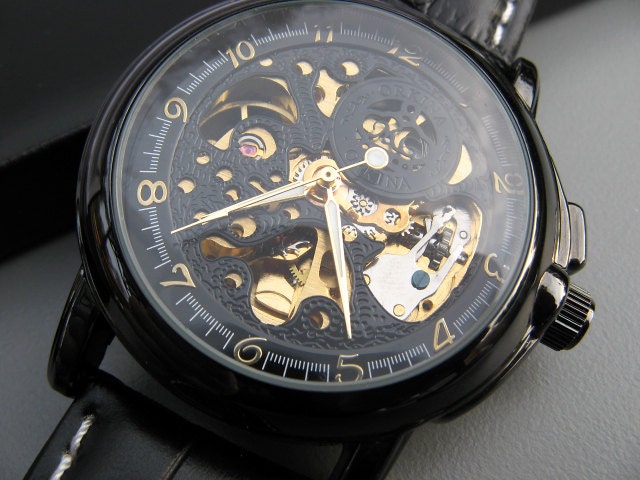 Mechanical Luxury Wrist Watch with Genuine Black Leather Wristband - Victorian Steampunk Era - Groomsmen - Item MWA56