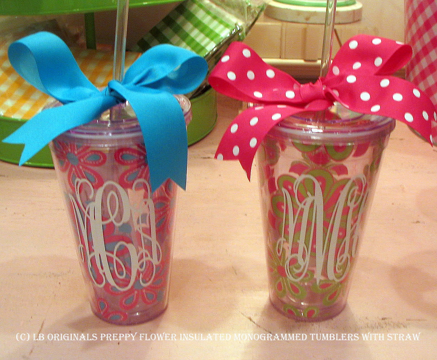 Preppy Flower Monogrammed Insulated 24 ox Tumblers with straw