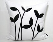 SALE - Black White Pillow Cover - Decorative Cushion - Silk - Sprout Leaves - Leaf Botanical - 16 inch
