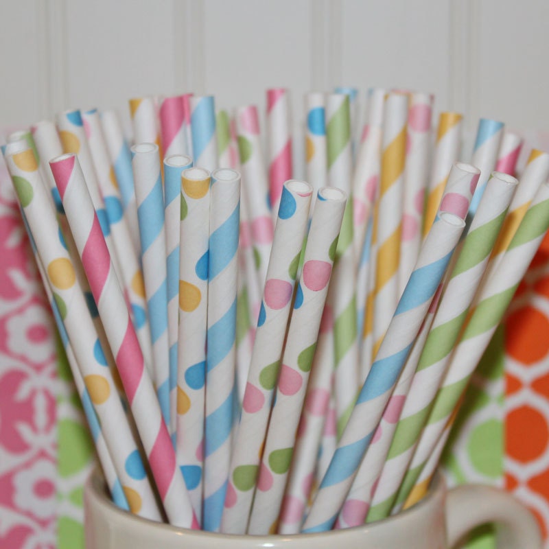 BIRTHDAY CAKE Paper Straws, Pastel Paper Drinking Straws, 30 Assorted Paper Straws with Diy Flags, Baby Shower, Childrens Birthday