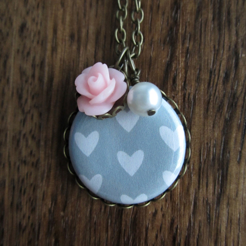 Grey Heart Necklace - flatback button pendant with rose and pearl - 18 or 24 inch chain length - 3 color options