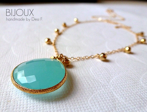 Aqua Blue Chalcedony Necklace - Bezel Set Stone - 14K Goldfilled - LIMITED EDITION
