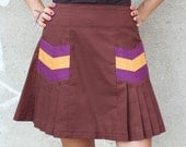 Brown Pleated Skirt with Chevron Shape Pockets - Handmade Cotton Knee Length Schoolgirl Skirt - Military Inspired Purple Yellow Arrow