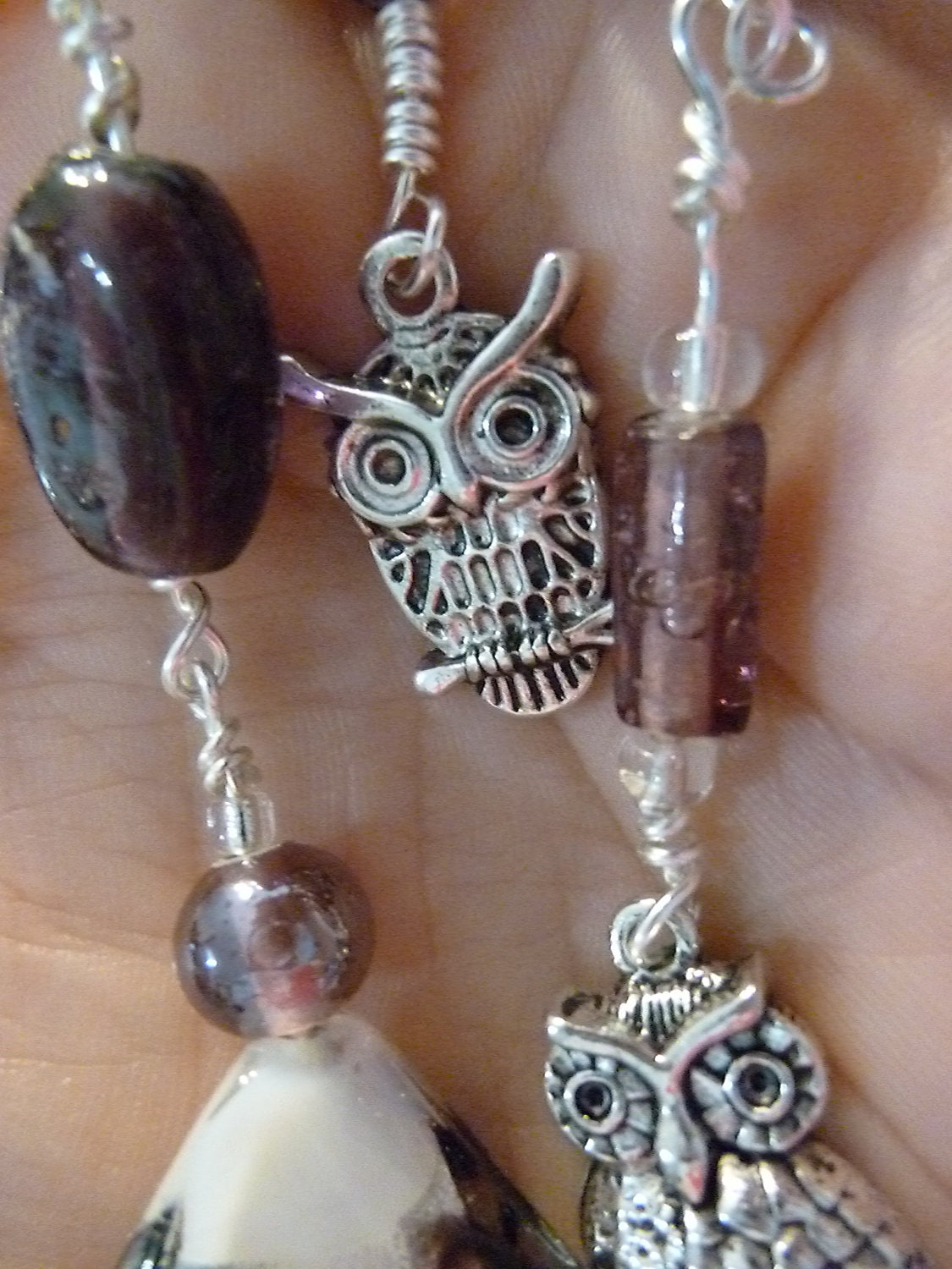 Long Metal Owl Dangle Keychain with Charms and glass purple beads