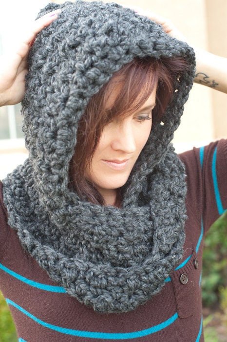 Gray hooded scarf, chunky, scarf, gray, chunky scarf, gray scarf, charcoal, winter, spring, scoodie
