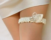 Ivory Silk Garter SET with Leaves and Crystals - the Delilah Garter (Also Available in White, Off-white)