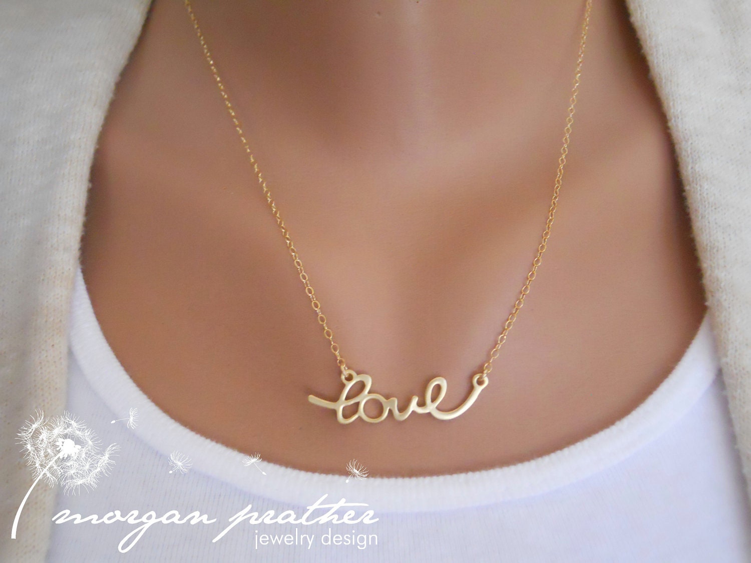 Cursive Love Necklace in Gold - Dainty Love Pendant Charm - Gold Filled Chain - Perfect Gift - morganprather