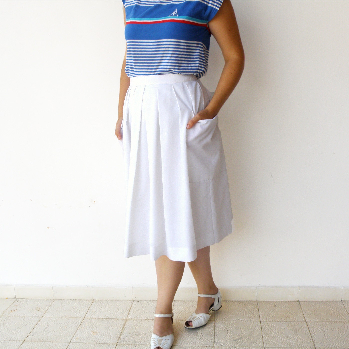 Vintage Pleated Oversized Pockets White Skirt