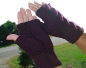 Cabled Fingerless Mitts Gloves Fashionable Deep Garnet Plum