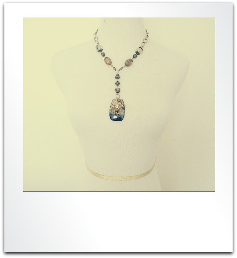 Jasper Gemstone pendant and butterfly filigree necklace
