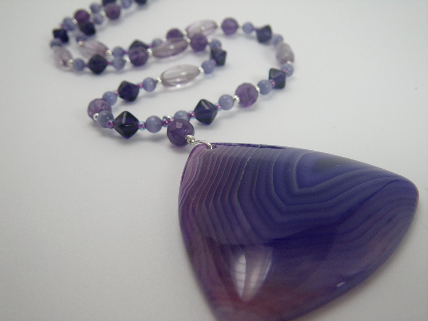 MYSTICAL Purple Agate Necklace - Beaded Pendant Necklace - Purple Agate Pendant - Beaded Amethyst Necklace - Gemstone Jewelry -Free Shipping