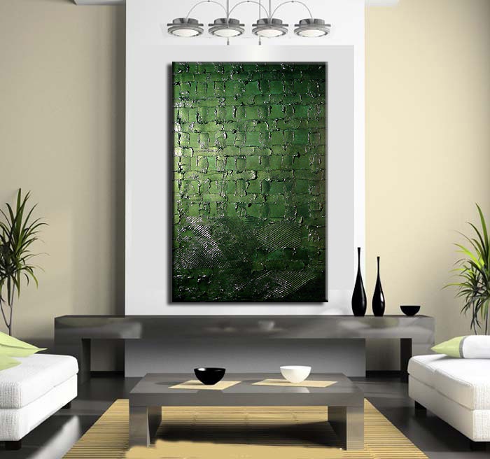 Original Textured Modern Metallic Olive Green Abstract Palette Knife Sculpture Painting by Henry Parsinia 36x24