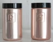 Vintage Pink Copper Salt and Pepper Set: Pair of Salt and Pepper Shakers, Copper Finished Aluminum with Black Plastic Lids