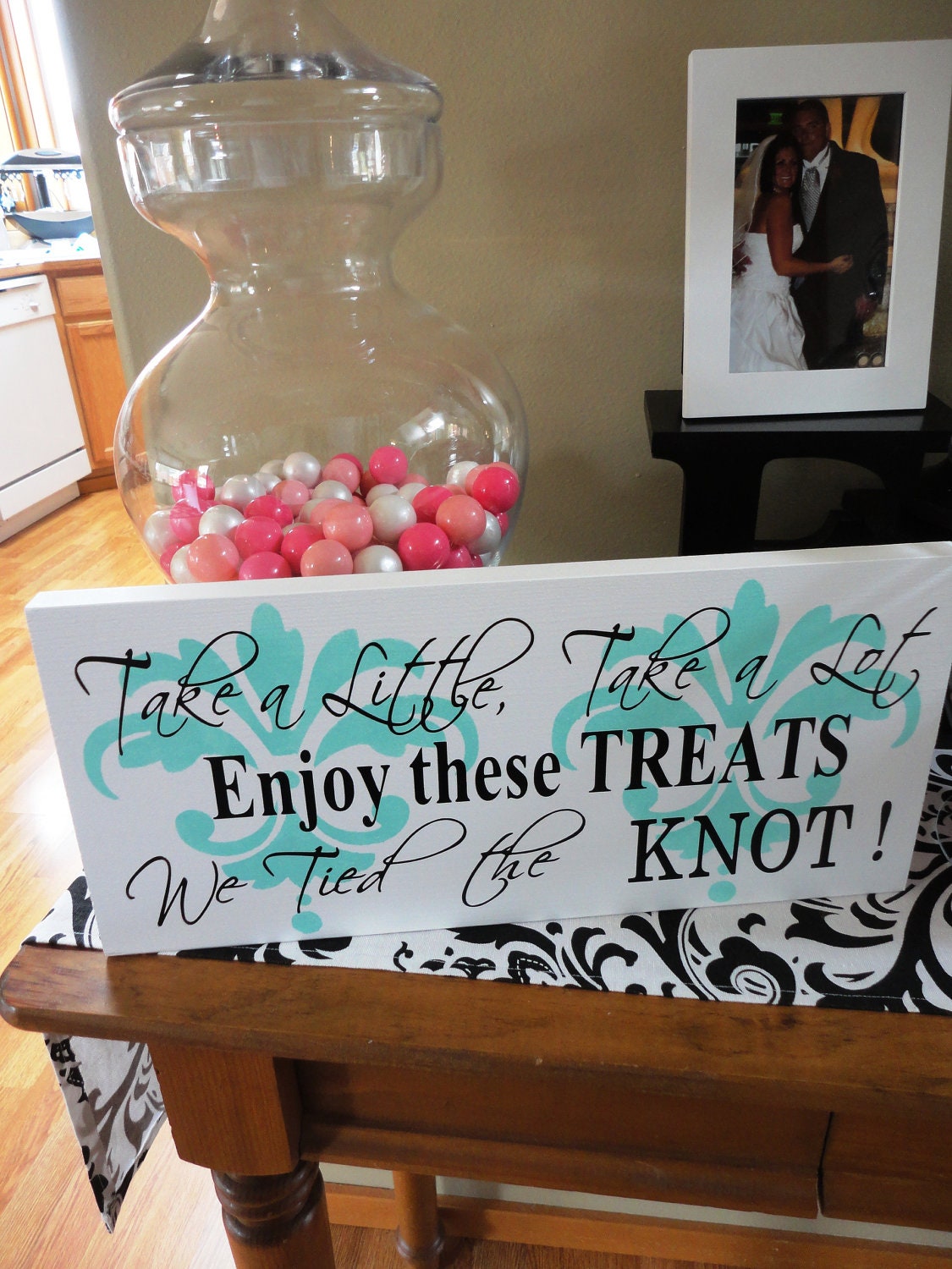 Reception Sign with Damask, Wedding Sign.  We Tied the Knot, Treats Table Sign, Candy Bar, Cookie Bar, Dessert Table, Decoration. 8x16 inch.