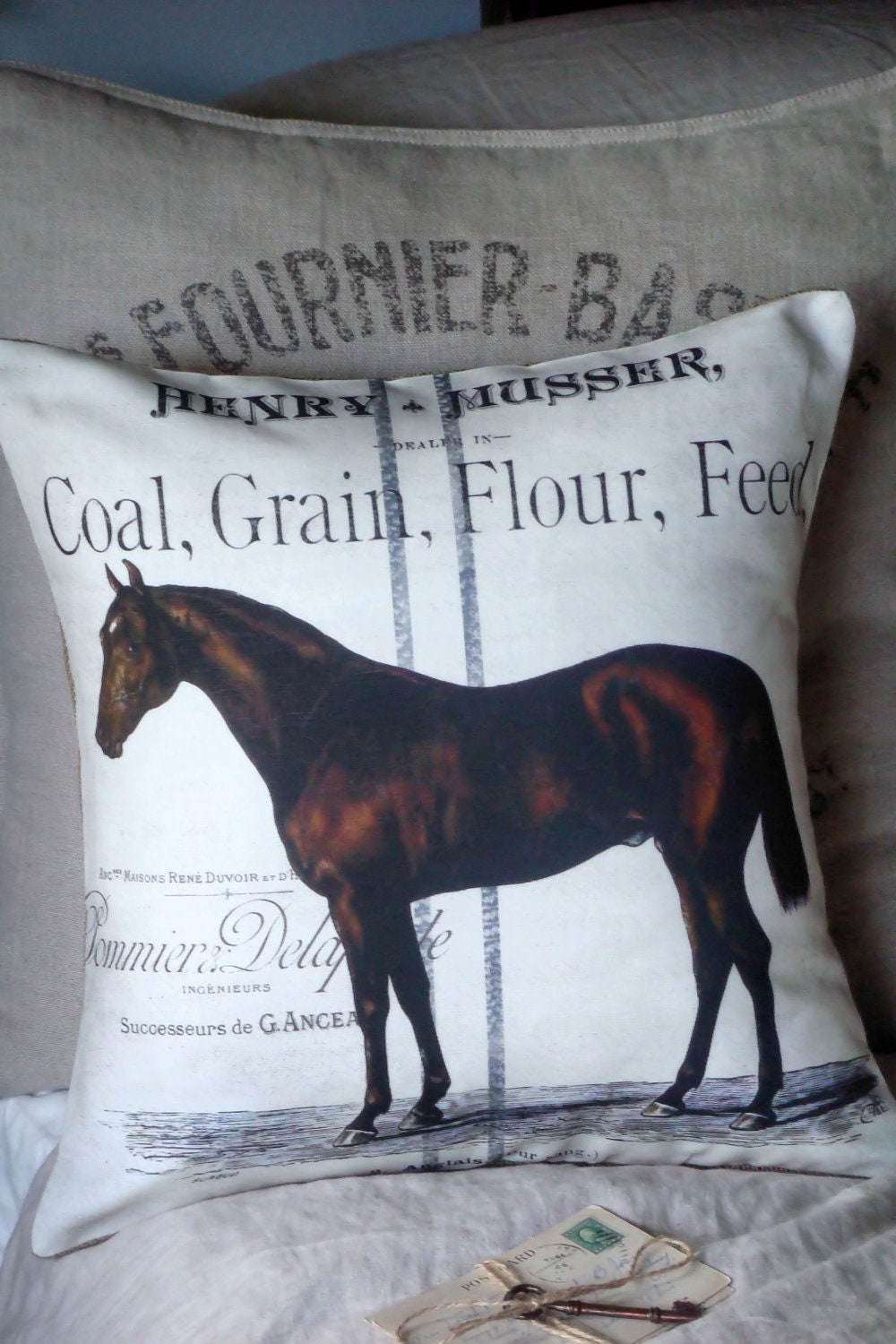 Vintage Equestrian Farmhouse Pillow Cover Burlap and Cotton