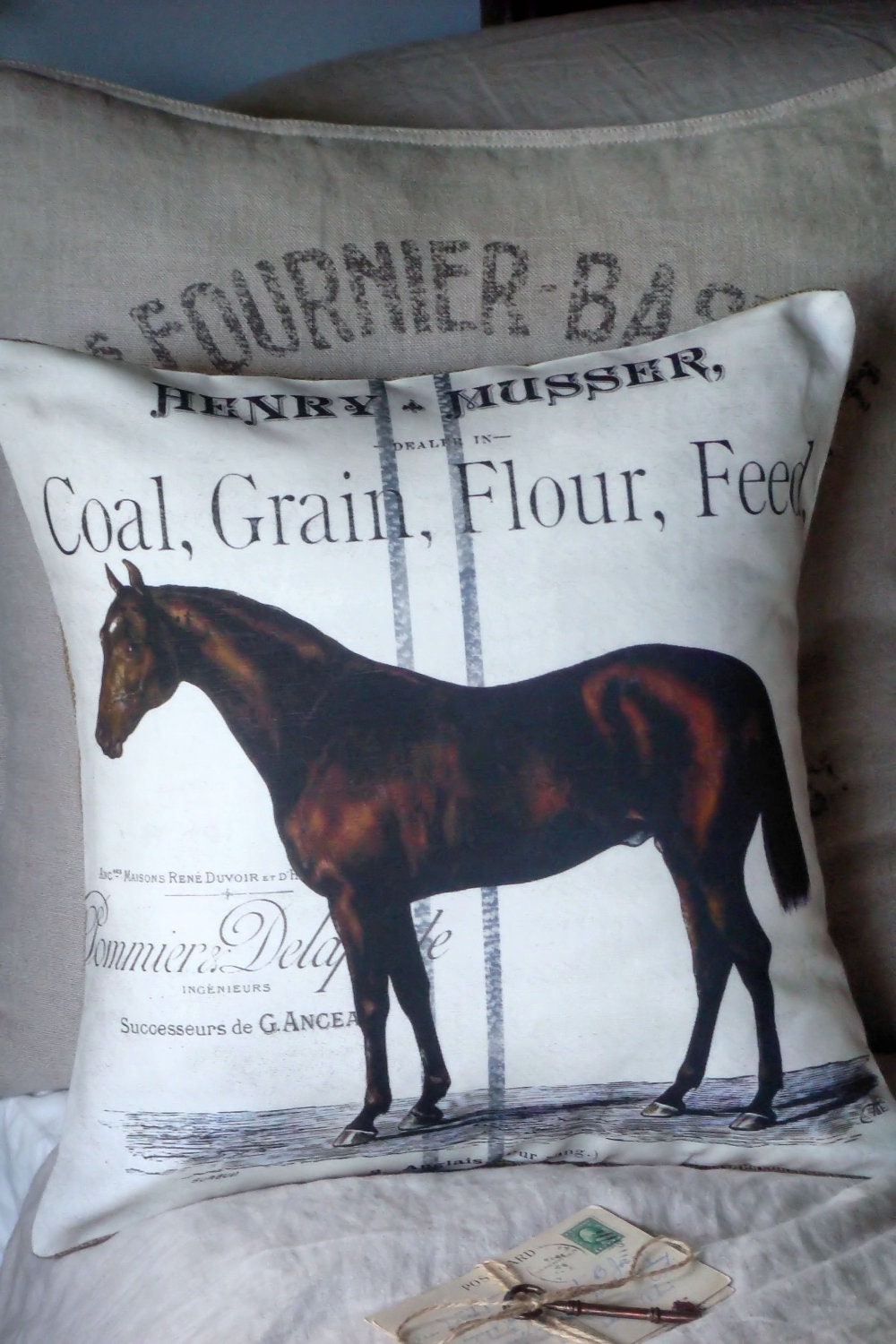Equestrian Farmhouse Pillow Cover Burlap and Cotton