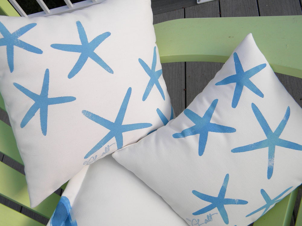 Little sea stars starfish pair of indoor outdoor pillows 12"x12" set of two coastal beach children's ocean nautical Crabby Chris Original