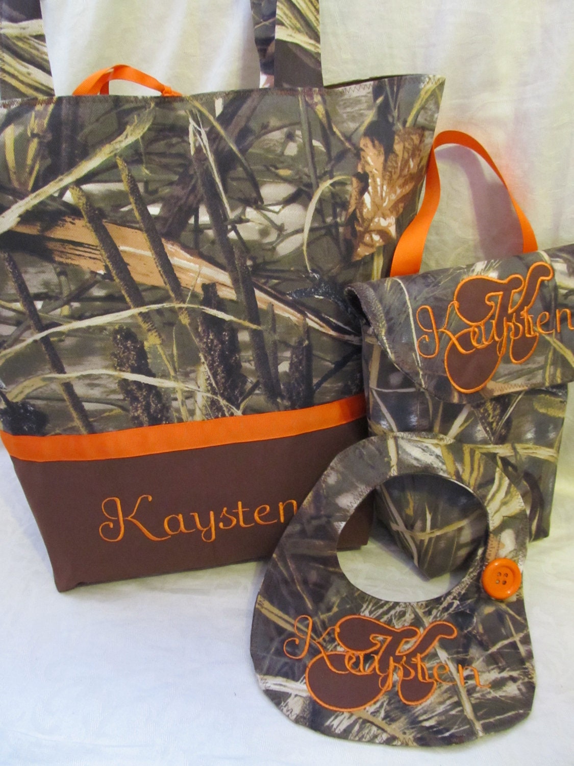FREE SHIPPING Custom handmade advantage  max 4hd camo diaper bag and  wipes case and bib  orange you choose name