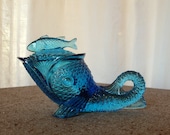 Blue Dolphin or Whale Sandwich Pressed Glass Sauce Server Victorian or 1950s Repro