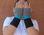 Charcoal Grey, Turquoise Blue, Heather Grey Fingerless Gloves for Men or Women, Color Block Fingerless Gloves, Mittens, Arm Warmers
