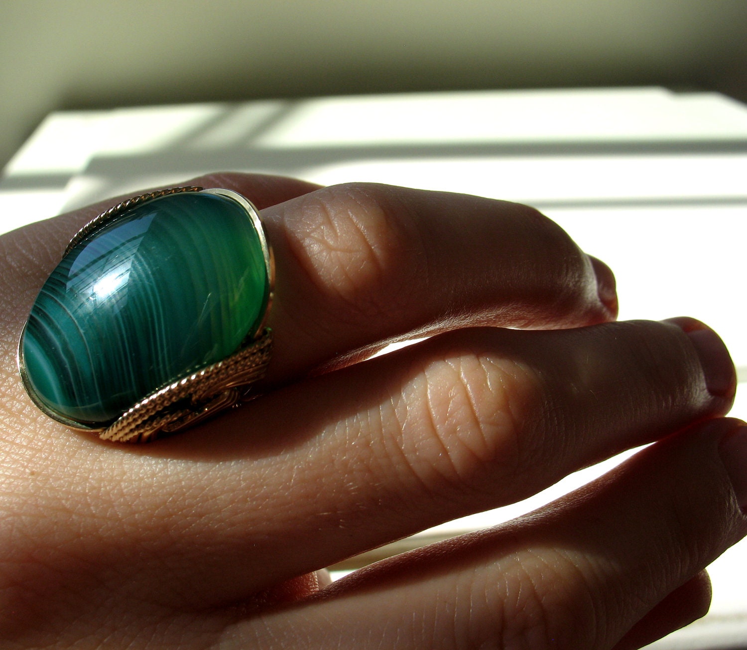 RESERVED - Fresh Apples Ring, Green Agate, Striped Gemstone, Gold