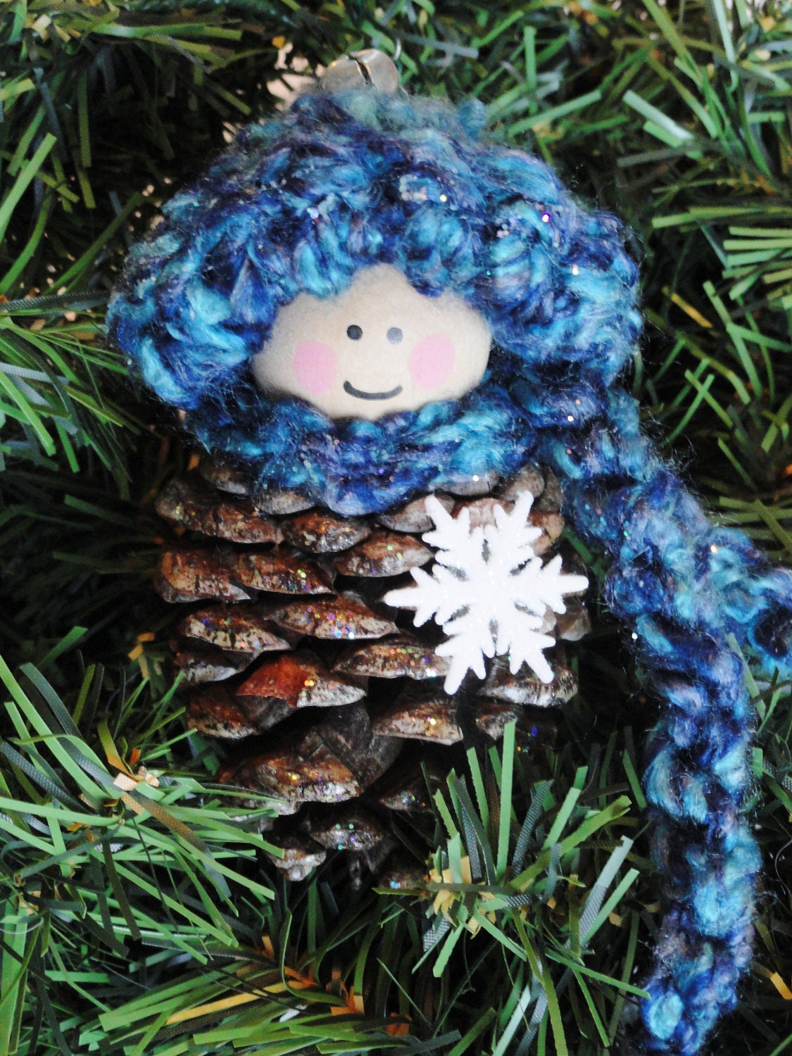 Pinecone Gnome Christmas Tree Ornament Crocheted Blue Red Purple Pink Green Hat Scarf Holiday Decoration By Distinctly Daisy