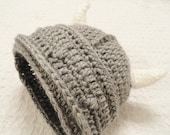 Crocheted Little Viking Helmet Grey with Horns Beanie By Distinctly Daisy