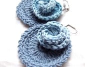 Hand crocheted Ice blue Dangle Big Crocheted Round Earrings
