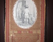 Vintage Lace and Ticking Mini Quilt Collage  Christmas Girl by Fireplace Stockings Hung