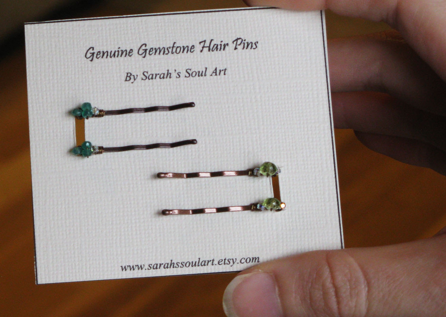 Peridot and Blue Zircon with Swarovski Crystal, 2 Pair Small Hair Pins, A Grade Gemstones