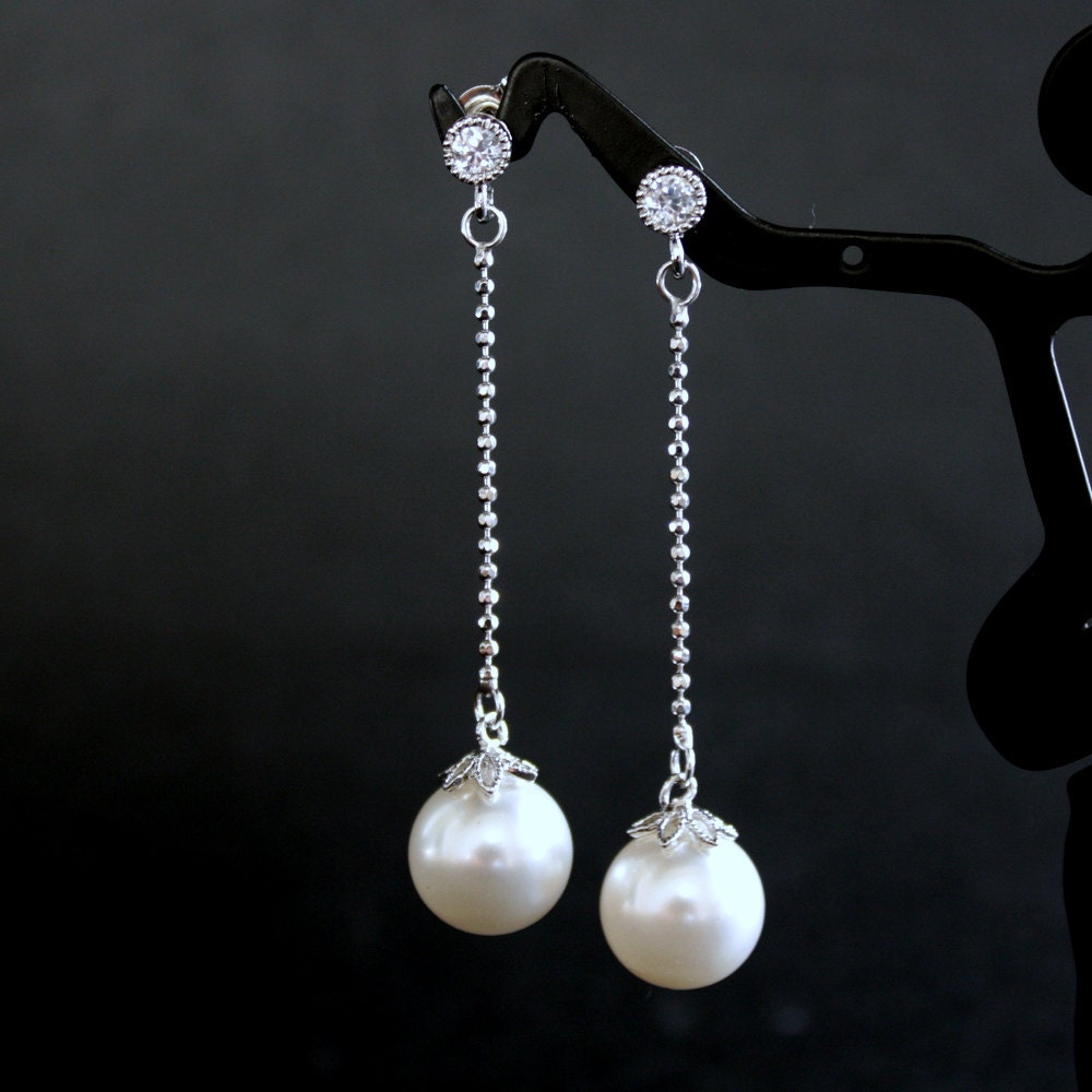 Pearl Jewelry Bridal Earrings Cubic Zirconia White Pearls Earrings Sterling Silver Post Wedding Earrings