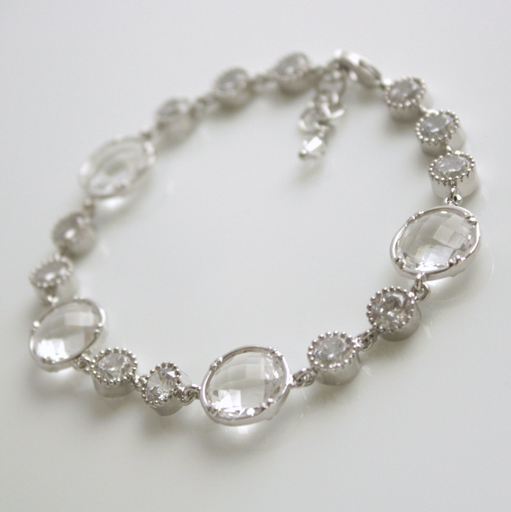 Wedding Bracelet Wedding Jewelry Bridal Bracelet Clear Glass Cubic Zirconia Silver Bracelet