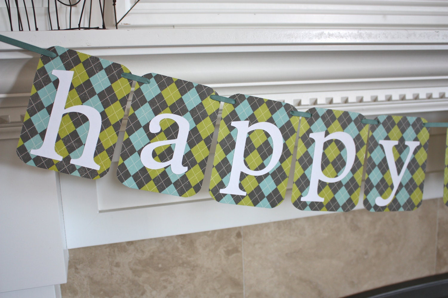 SALE: turquoise green and grey argyle happy birthday banner