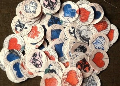 EcoFriendly Stickers: Damask Hearts, vintage inspired stickers, heart envelope seals, heart stickers, 1.5" circles - Set of 50