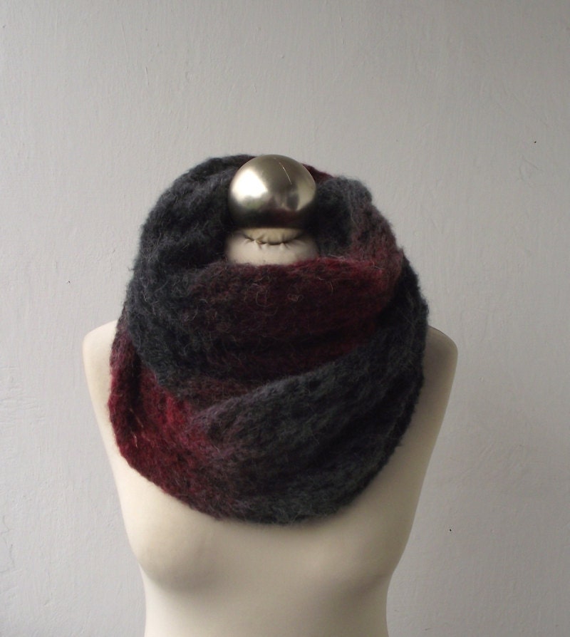 SALE 20% Black Grey Red hand knitted infinity scarf, shaded loop scarf