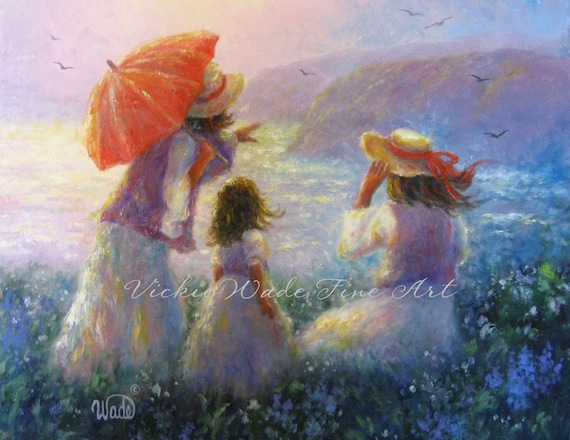 Beauties by the Bay Art Print, mother and daughters, beach paintings, children at beach, three sisters, ocean paintings, prints