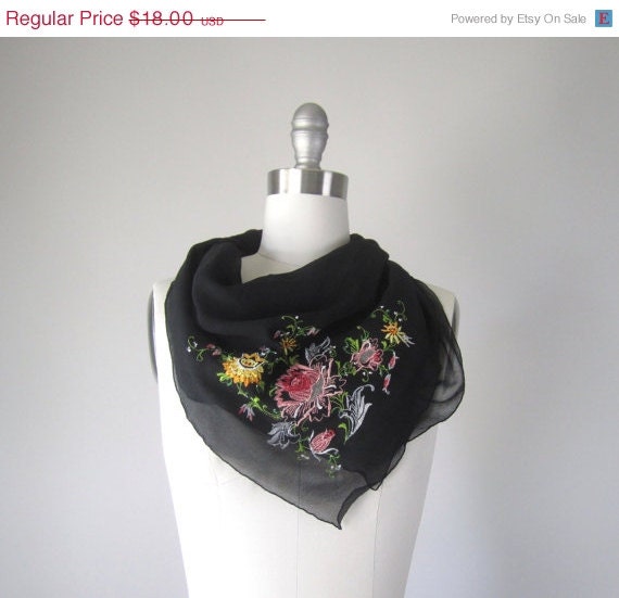 20% off SALE Vintage Scarf // 1960s Black  Embroidered Scarf // Stolen Glance
