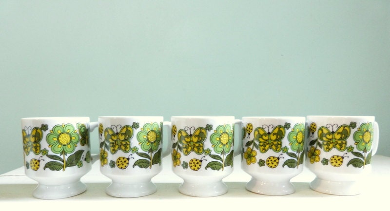Vintage Green and Yellow Butterfly and Flowers Mugs Set of Five Retro Kitsch Kitschy Stackable
