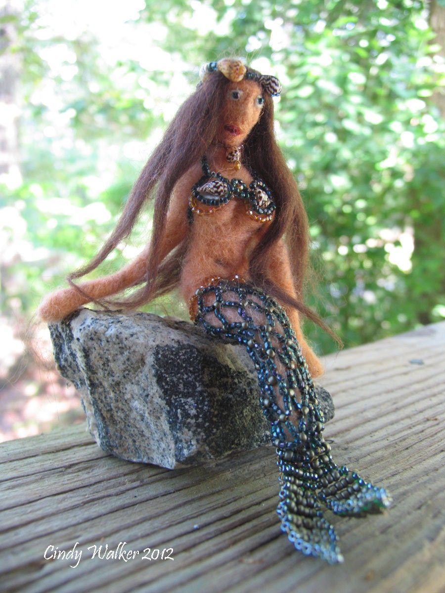 PFK - Needle Felted Ocean Art Doll Merelda the Sea Mermaid with Beaded Tail