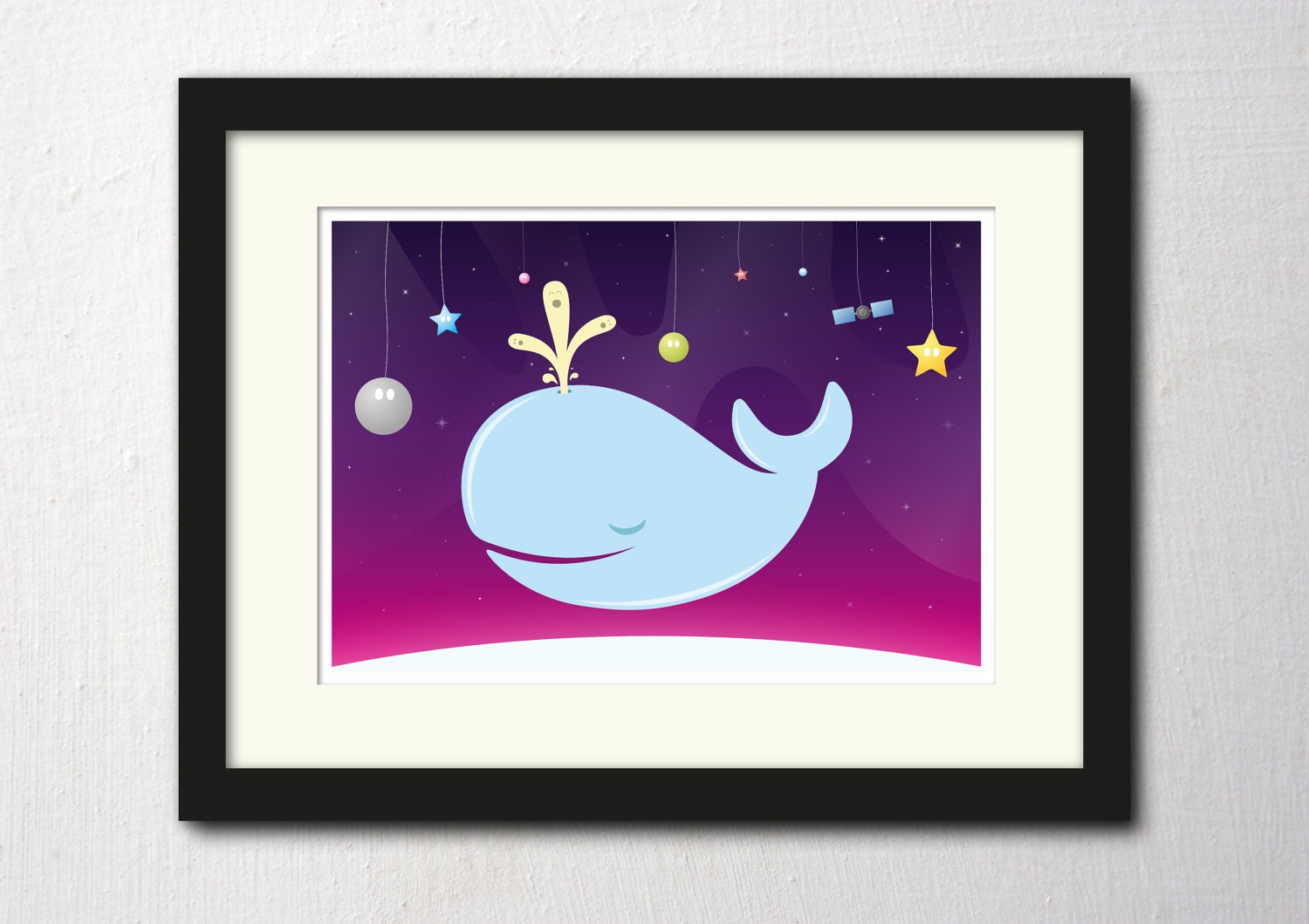 Whale print poster, art for nursery, colorful print, space art, A2
