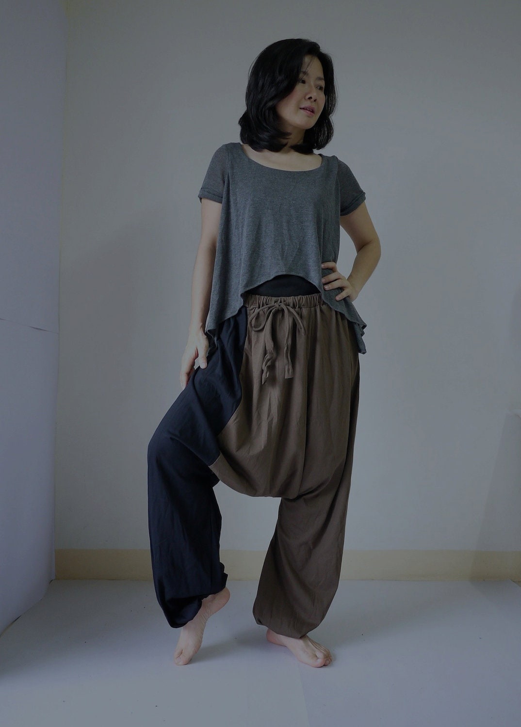 2 Tone Men Women Plus size Black And Dark Brown Stretch Cotton Funky Drop Crotch Harem Pants With Elastic & Adjustable Drawstring Waist