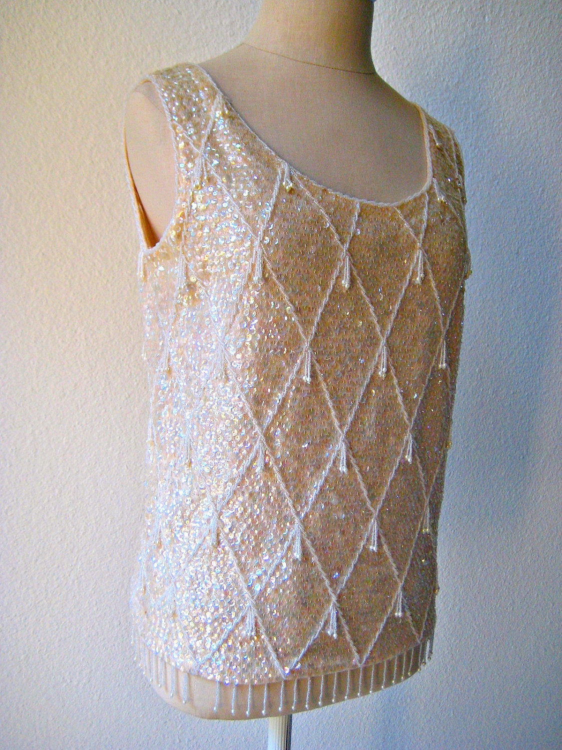 vintage 60's wool, flapper beaded sequin champagne tank top