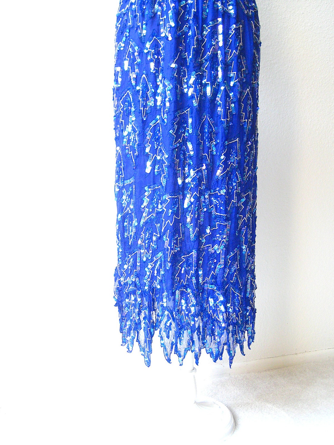 vintage 80's boho, sparkly beaded saphire blue sheer silk chiffon handkerchief hem long skirt. one size