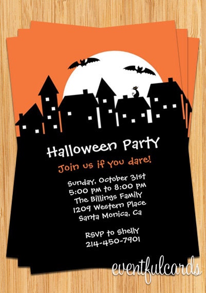 Spooky Houses with Bats and Black Cats Halloween Party Invitation - Printable Il_570xn