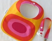 Marimekko bib set, bib and pacifier clip in Pieni Melooni, optional Sophie leash, authentic fabric from Finland