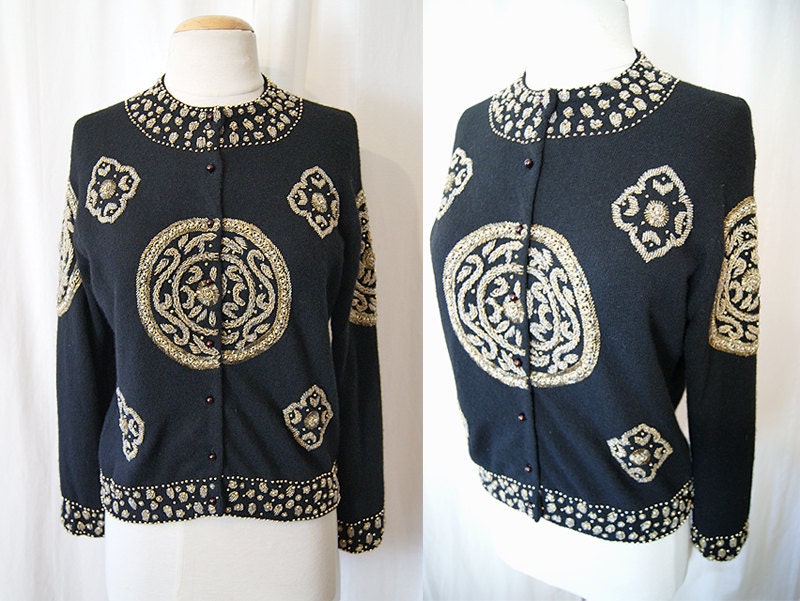 Chic 1950's black wool cashmere blend cardigan sweater with gold hand beaded detail vlv rockabilly holiday  - size Large to XL