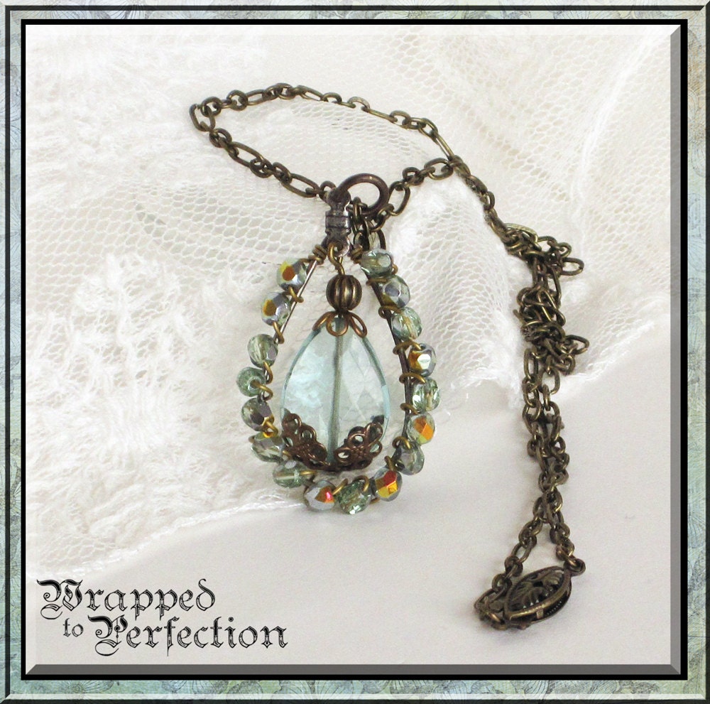 Aqua Quartz & Brass Necklace / Wire Wrapped Pendant/ Teardrop Hoop / Antique Brass / Romantic / Ornate / Downton Abbey / Dramatic