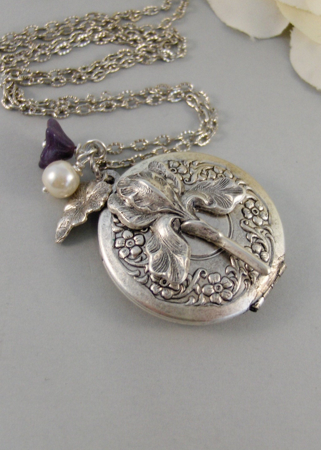 Iris, Silver Locket, Antique Locket,Locket,Flower,Bird,Purple,Spring,Bride,Bridesmaid.  Handmade jewelery by valleygirldesigns on Etsy.