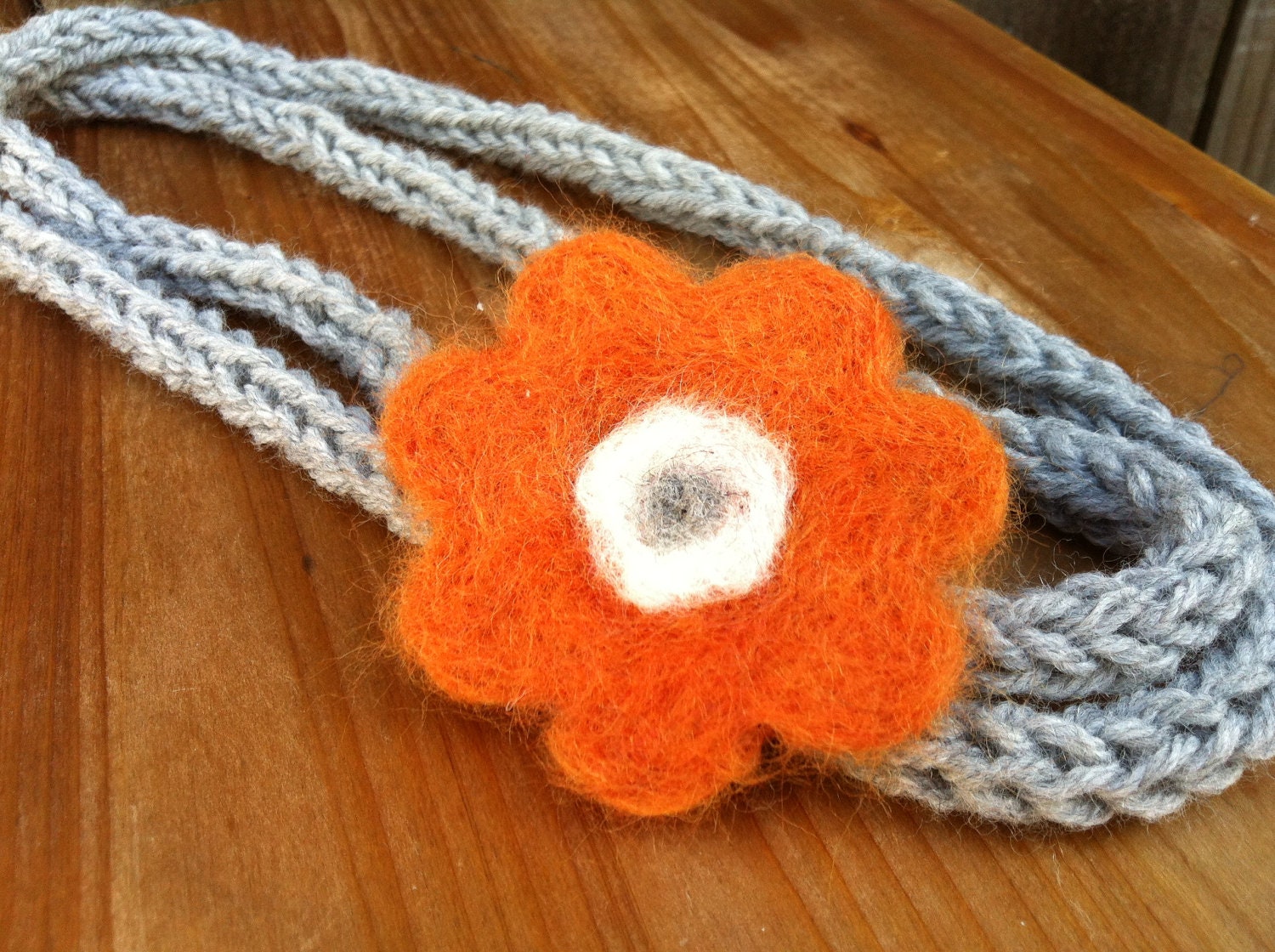Grey Knitted Scarf Necklace With Orange Wool Felt Flower
